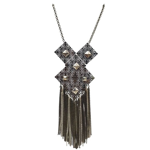 Vintage Boho Chic Long Fringe Necklace With Geometric Metal Accents - Picture 1 of 5